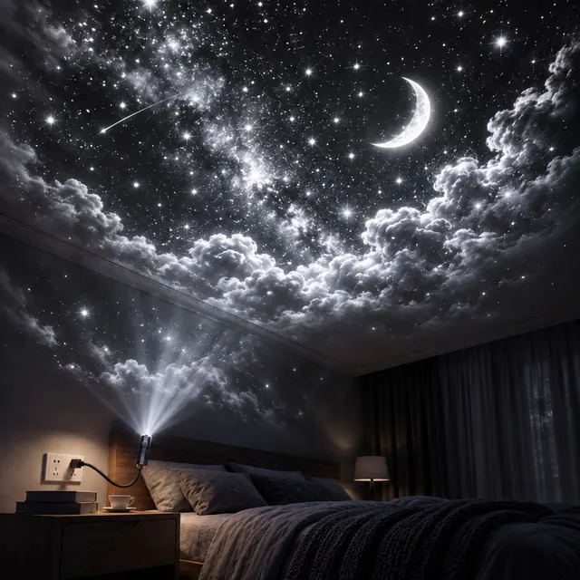 Camera da letto in penombra con nuvole e una luna proiettate sul soffitto da ZoomySky